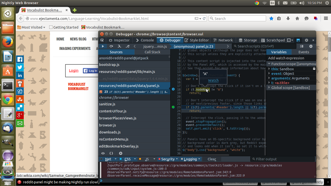 debugging the reddit panel extension in firefox nightly